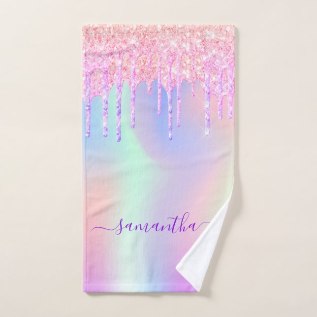 Holographic pink drips name hand towel (Hand Towel)