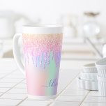 Holographic pink drips name script latte mug<br><div class="desc">A trendy holographic background with unicorn and rainbow pastel colours in pink, purple, mint green. Decorated with drips in pink and purple. Personalize and add a name, written with a modern hand lettered style script with swashes. Purple coloured letters. To keep the swashes only delete the sample name, leave the...</div>
