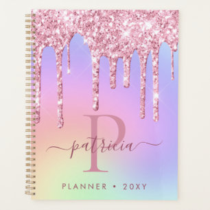 Holographic Pink Glitter Drips Elegant Monogram  Planner