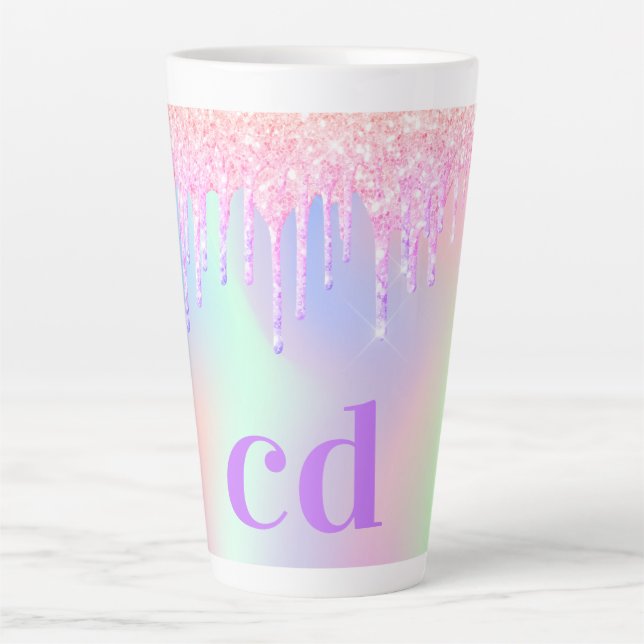 Holographic pink glitter drips monogram latte mug (Front)