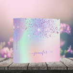 Holographic pink glitter unicorn rainbow monogram binder<br><div class="desc">A trendy holographic, iridescent background with unicorn colours and rainbow colours in pink, purple, rose gold, mint green. Decorated with faux glitter dust in pink and purple. Personalize and add a name, purple coloured letters .Add your text on the spine. Perfect for a home office, school homework, back to school....</div>