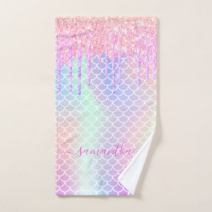 Holographic pink mermaid scales name hand towel