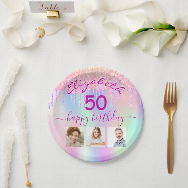 Holographic pink photo collage birthday paper plate (Wedding)
