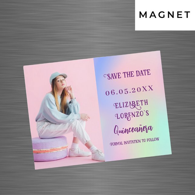 Holographic pink photo Quinceanera Save the Date (Creator Uploaded)