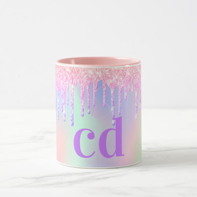 Holographic pink purple drips monogram mug (Center)