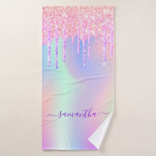 Holographic pink purple drips name bath towel