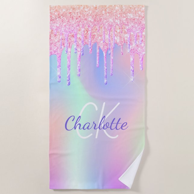 Holographic pink purple drips name beach towel (Front)