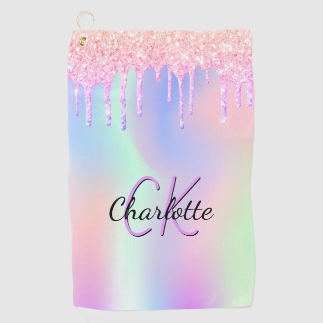 Holographic pink purple glitter custom monogram golf towel (Front)