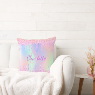 Holographic pink purple glitter drips monogram throw pillow