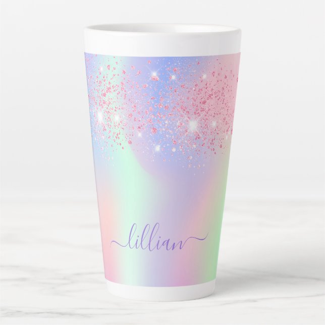 Holographic pink purple glitter mint green name latte mug (Front)