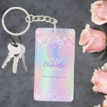 Holographic pink purple glitter monogram name keychain<br><div class="desc">A trendy holographic background with pastel colours in pink,  purple,  mint green. Faux glitter. Personalize and add your first name,  monogram initials and full name. Purple and white coloured letters.</div>