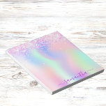 Holographic pink purple glitter name notepad<br><div class="desc">Pink,  purple,  mint green holographic background.  Decorated with pink faux glitter.  The name is written with a modern hand lettered style script with swashes.  To keep the swashes only delete the sample name,  leave the spaces or emoji's in front and after the name.</div>