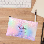 Holographic pink purple monogram name accessory pouch<br><div class="desc">A holographic,  unicorn and rainbow coloured background in pink,  purple and mint green. Decorated with confetti. Personalize and add your first name,  monogram initials and full name.</div>