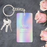 Holographic pink purple monogram name keychain<br><div class="desc">A trendy holographic background with pastel colours in pink,  purple,  mint green. Personalize and add your first name,  monogram initials and full name. Purple and white coloured letters.</div>