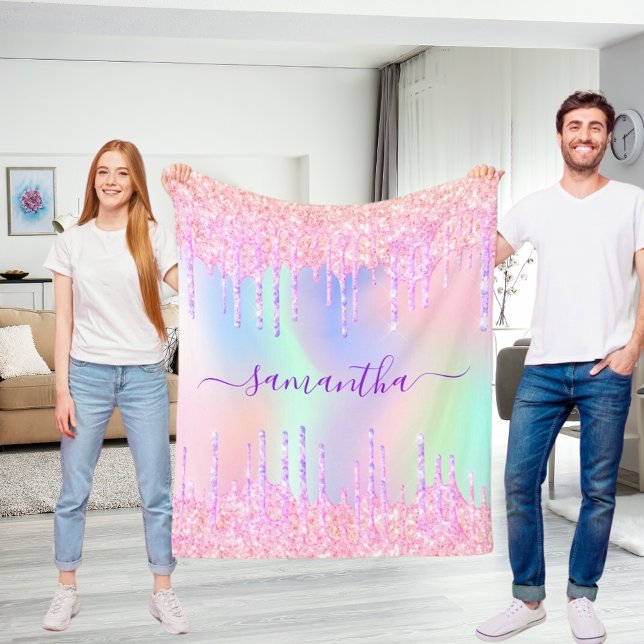 Holographic pink purple monogram script drips fleece blanket (Creator Uploaded)