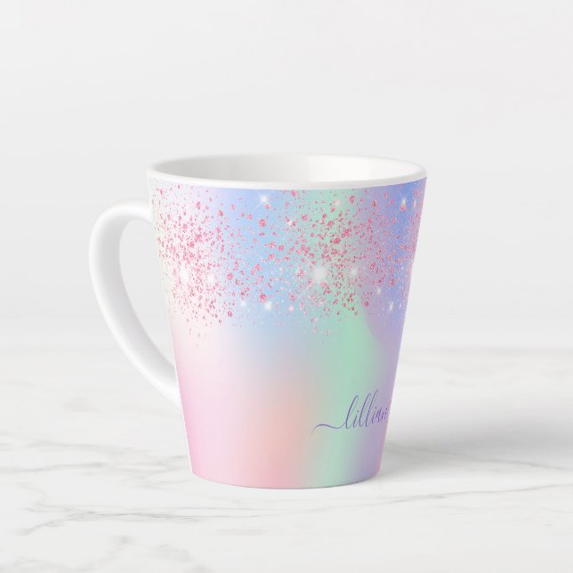 Holographic pink purple name latte mug (Left Angle)