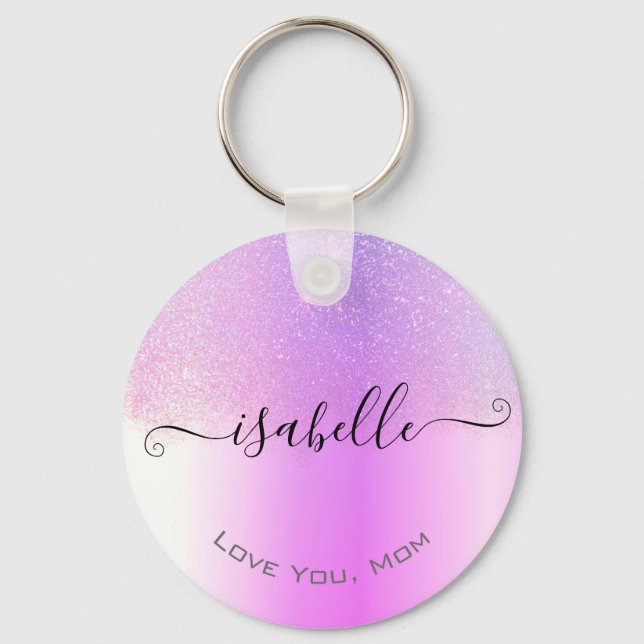 Holographic Pink Purple Ombre Glitter Rain Modern Keychain (Front)