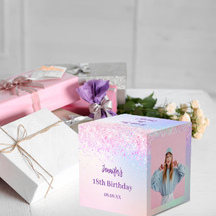 Holographic pink purple photo birthday party favor box