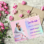 Holographic pink purple photo birthday save the date<br><div class="desc">A modern and elegant Save the Date for a 18th (or any age) birthday party.  Holographic,  pink,  purple mint green background. Personalize and add a photo,  date and name.</div>