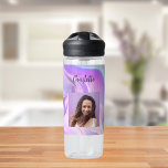 Holographic pink purple photo name water bottle<br><div class="desc">A pink,  purple holographic coloured background.  Personalize and add your name and a profile photo. Purple letters.</div>