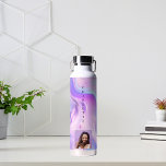 Holographic pink purple photo name water bottle<br><div class="desc">A pink,  purple holographic coloured background.  Personalize and add your name and a profile photo. Purple letters.</div>