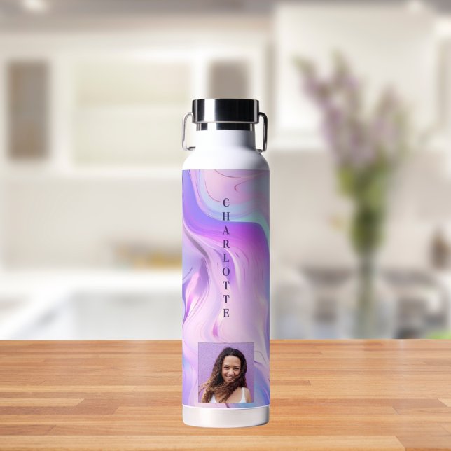 Holographic pink purple photo name water bottle (Creator Uploaded)