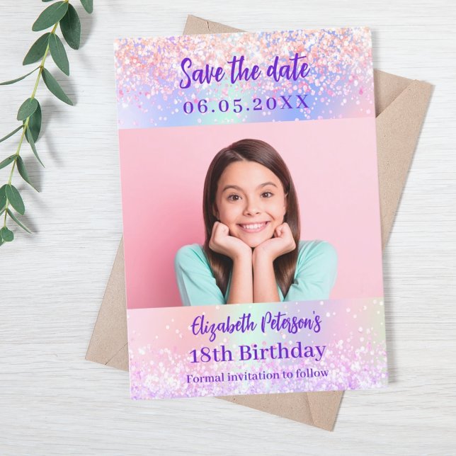 Holographic pink purple photo Quinceanera Save The Date (Creator Uploaded)