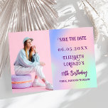 Holographic pink purple photo script birthday save the date<br><div class="desc">A modern and elegant Save the Date for a birthday party (any age). Holographic,  pink,  purple mint green background. Personalize and add a photo,  date and name.</div>