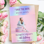 Holographic pink purple photo script birthday save the date<br><div class="desc">A modern and elegant Save the Date for a birthday party (any age). Holographic,  pink,  purple mint green background. Personalize and add a photo,  date and name.</div>