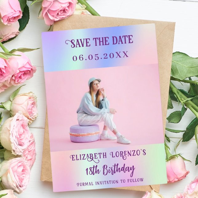 Holographic pink purple photo script birthday save the date (Creator Uploaded)