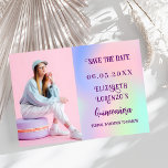 Holographic pink purple photo script Quinceanera Save The Date<br><div class="desc">A modern and elegant Save the Date for a Quinceañera. Holographic,  pink,  purple mint green background. Personalize and add a photo,  date and name.</div>