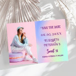 Holographic pink purple photo script Sweet 16 Save The Date<br><div class="desc">A modern and elegant Save the Date for a Sweet 16. Holographic,  pink,  purple mint green background. Personalize and add a photo,  date and name.</div>