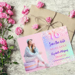 Holographic pink purple photo Sweet 16 Save The Date<br><div class="desc">A modern and elegant Save the Date for a Sweet 16. Holographic,  pink,  purple mint green background. Personalize and add a photo,  date and name.</div>