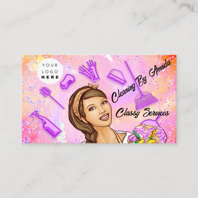 Holographic Pink QR Code Logo Home Maid Cleaning   Business Card (Front)