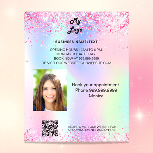 Holographic pink sparkles photo qr code flyer