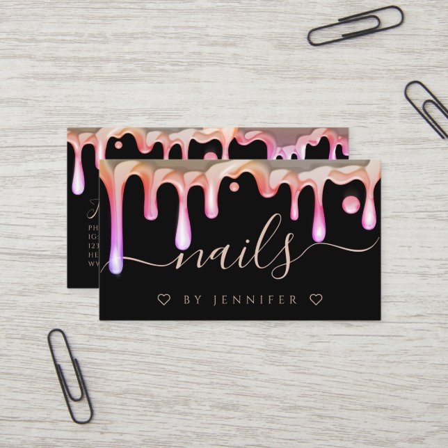 Holographic Polish Drip Nails Artist QR Code Black Business Card (Front/Back In Situ)