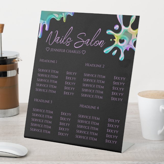 Holographic Polish Splash Drip Nails Black Pedestal Sign (In SItu)