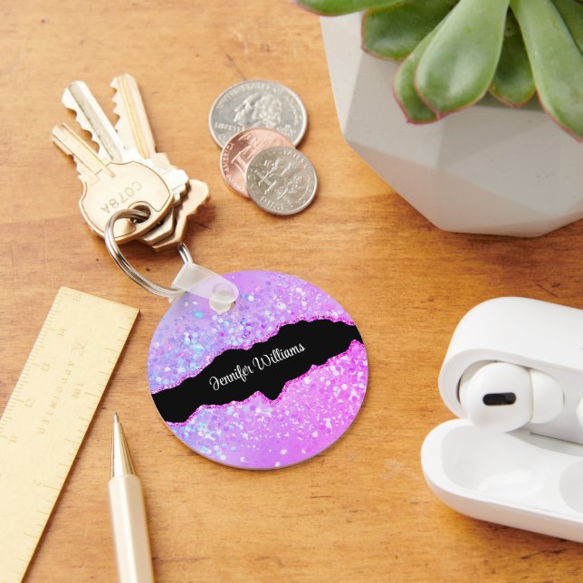 Holographic Purple Glitter Custom Name Agate Keychain (Desk)