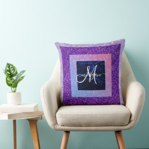 Holographic purple Glitter Monogram Throw Pillow