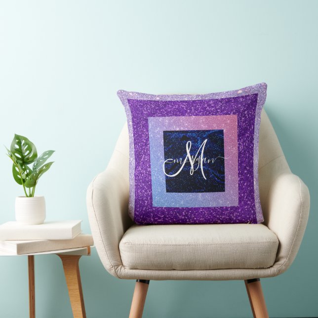 Holographic purple Glitter Monogram Throw Pillow (Chair)