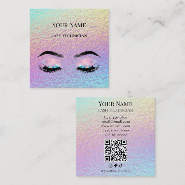 Holographic QR code Beige and Gold Lash Technician Square Business Card (Front/Back)