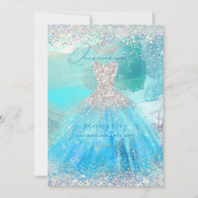 Holographic Quinceanera Aqua Blue Watercolor Gown Invitation (Front)