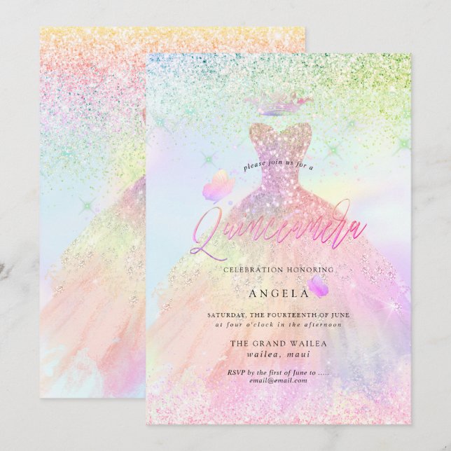 Holographic Quinceanera Princess+Butterflies Invitation (Front/Back)