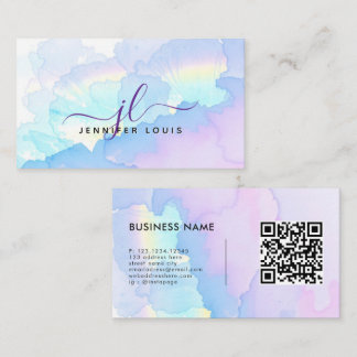 Holographic Rainbiw Watercolor Monogram QR Code Business Card