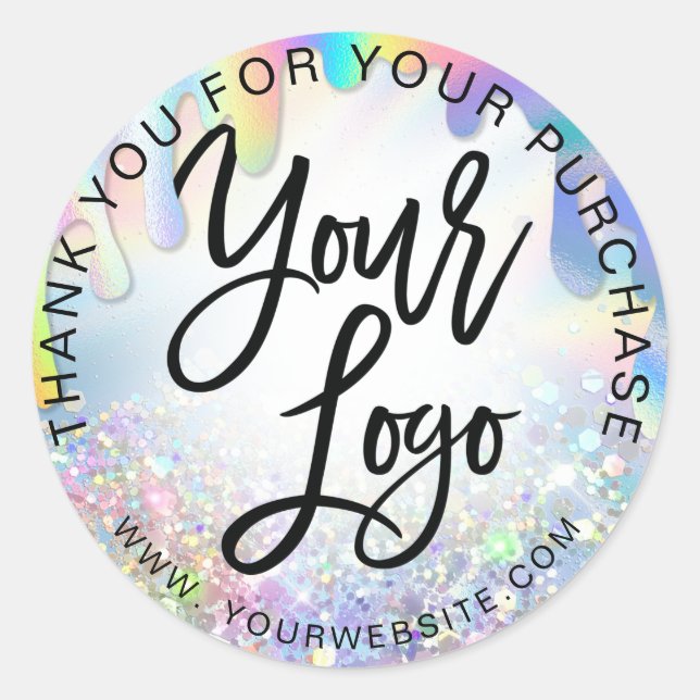 Holographic rainbow add your logo pink thank you classic round sticker (Front)