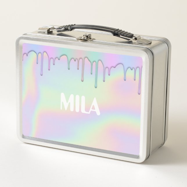 Holographic rainbow colours, cute metal lunch box (Front)