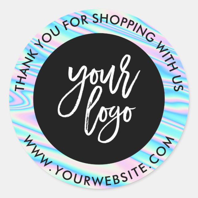 Holographic rainbow custom logo black thank you classic round sticker (Front)