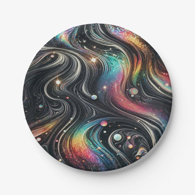 Holographic Rainbow Glitter 70s Galactic Creative  Paper Plate (Front)