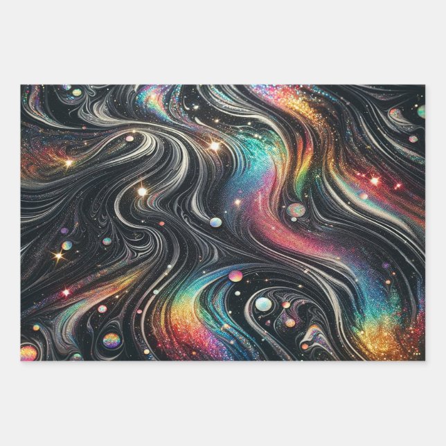Holographic Rainbow Glitter 70s Galactic Creative  Wrapping Paper Sheet (Front)
