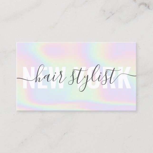 Holographic rainbow script signature hair stylist business card (Front)